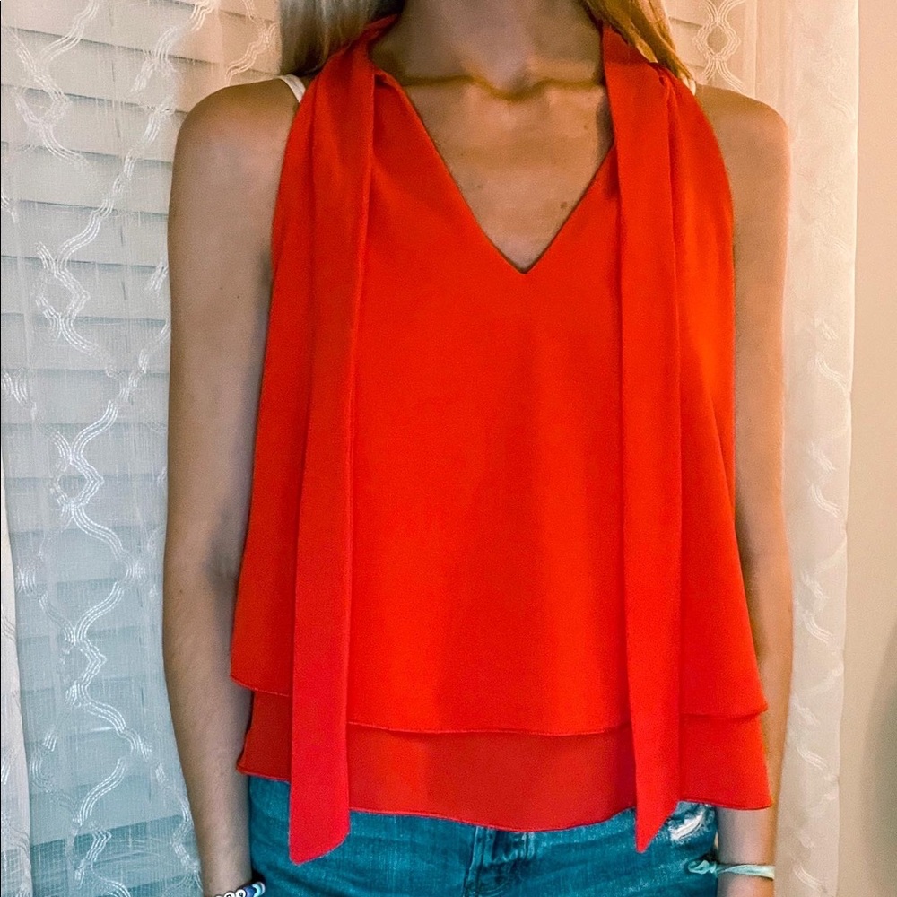 red/orange tie-front tank